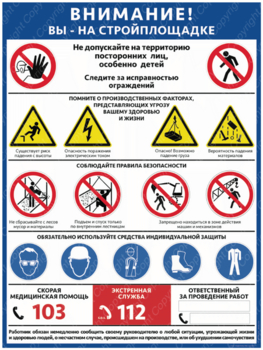 ПС-69 ВНИМАНИЕ! ВЫ НА СТРОЙПЛОЩАДКЕ (600х400мм, пленка самоклеющаяся) - Плакаты - Строительство - Магазин охраны труда ИЗО Стиль